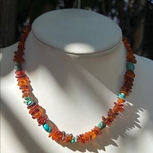 Amber and Turquoise Beaded Sterling Silver Clasp Necklace